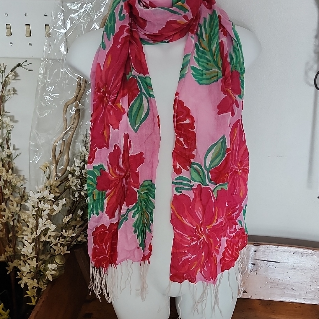 Lilly Pultizer Floral Pink And Green Silk Cashmere Scarf